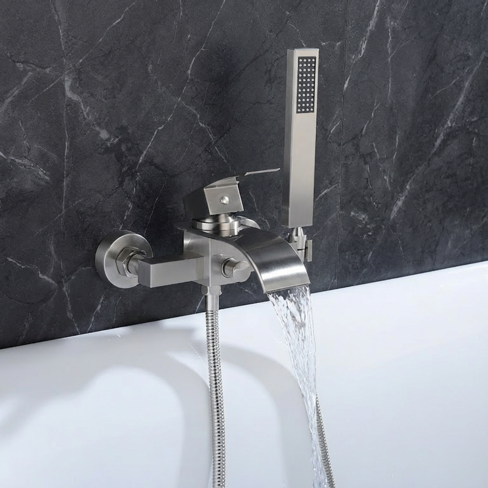 Brushed Nickel Waterfall Wall-Mount Bath Tub Filler Faucet: Complete with Handheld Shower for a Luxurious Bathing Experience