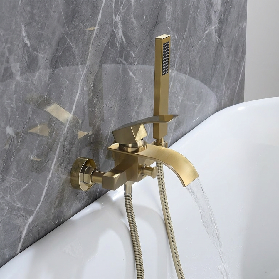 Waterfall Wall-mount Bath Tub Filler Faucet with Handheld Shower Brushed Gold