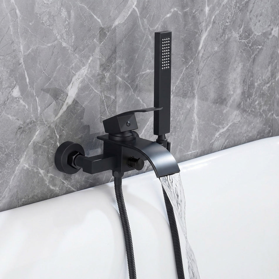 Matte Black Waterfall Wall-mount Bath Tub Filler Faucet with Handheld Shower