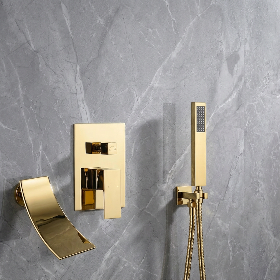 Waterfall Wall-mount pressure balance Bath Tub Filler Faucet with Handheld Shower Brushed Gold or Polished Gold