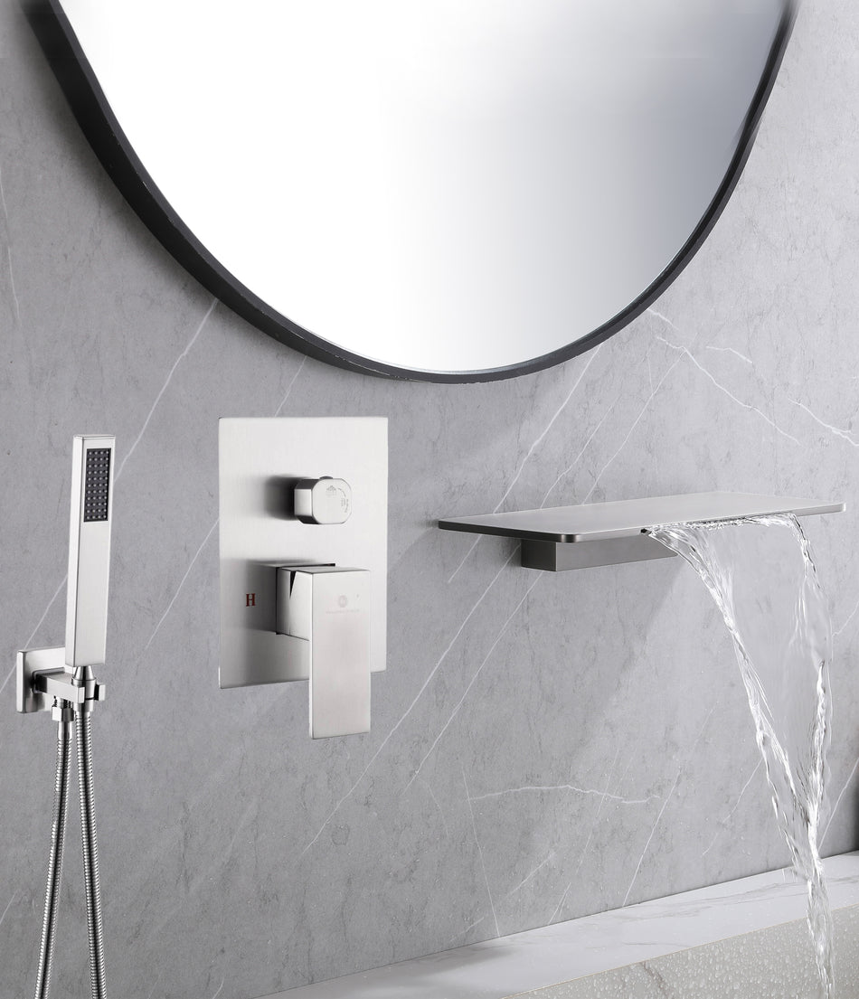 Waterfall Wall-mount Bath Tub Filler Faucet with Handheld Shower Brushed Gold or Matte Black or Brushed Gold Or Brushed Nickel