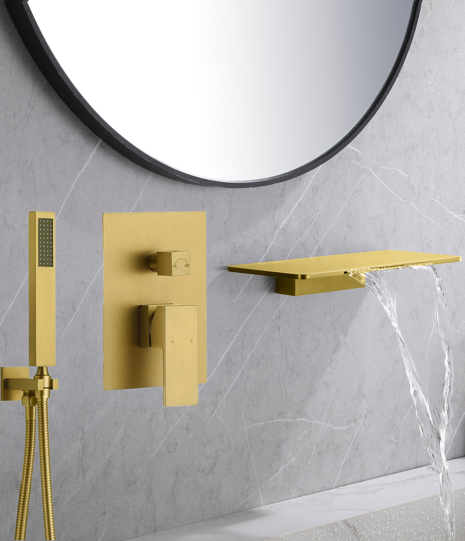 Waterfall Wall-mount Bath Tub Filler Faucet with Handheld Shower Brushed Gold or Matte Black or Brushed Gold Or Brushed Nickel