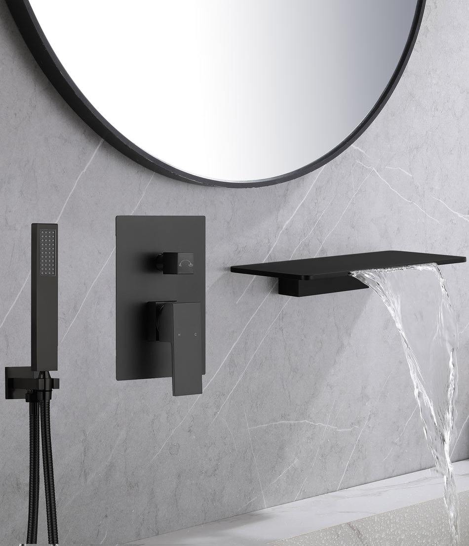 Waterfall Wall-mount Bath Tub Filler Faucet with Handheld Shower Brushed Gold or Matte Black or Brushed Gold Or Brushed Nickel