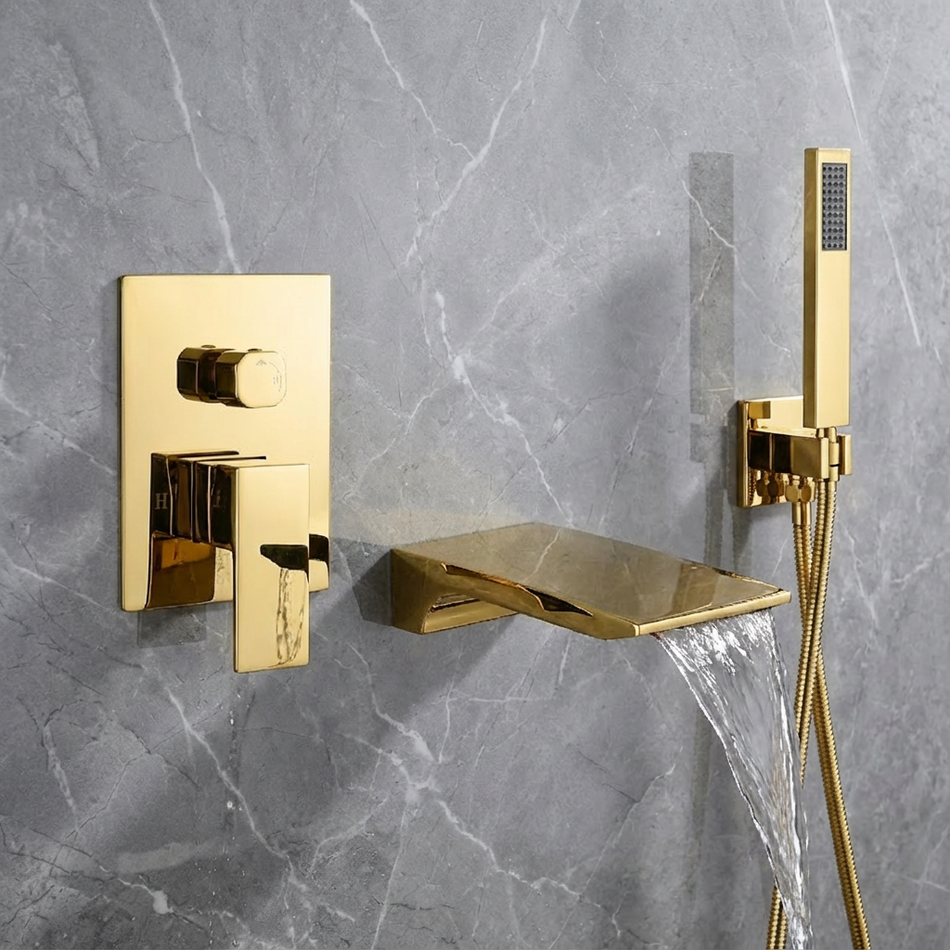 Waterfall Wall-mount pressure balance Bath Tub Filler Faucet with Handheld Shower Brushed Gold or Polished Gold