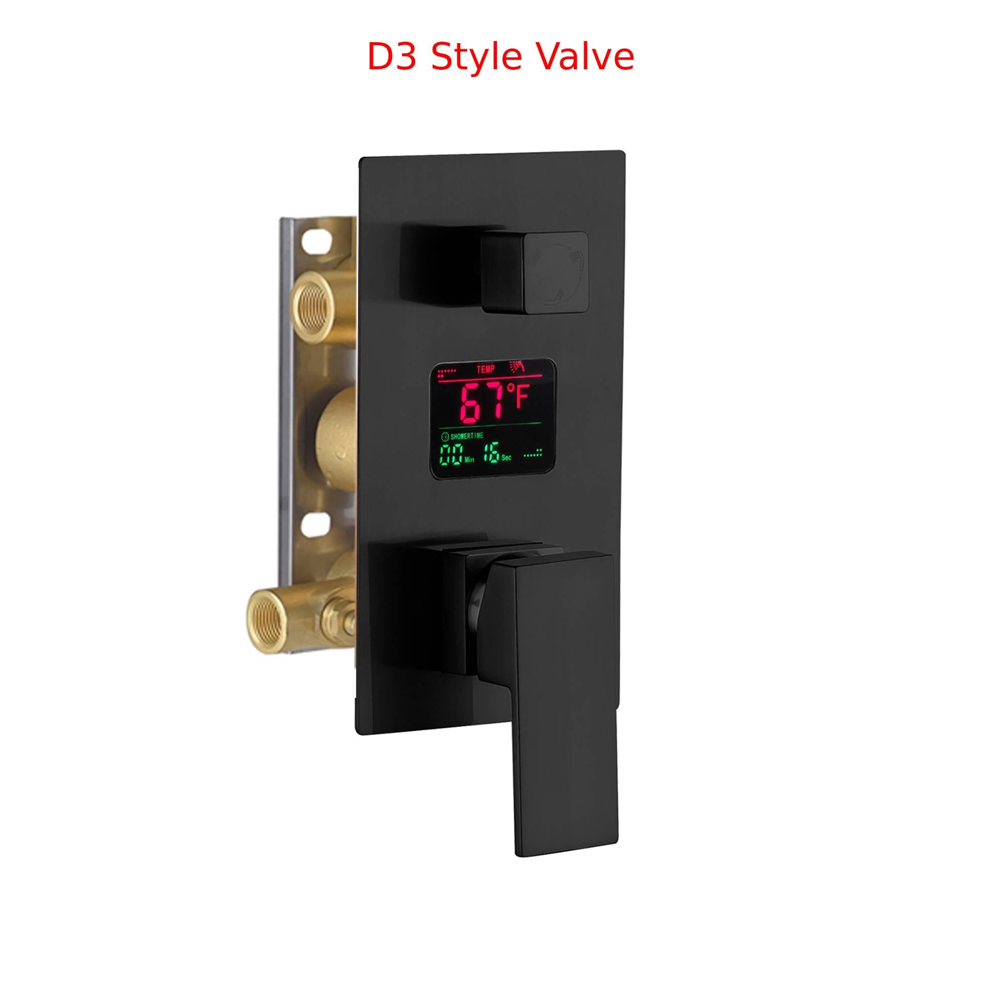 16-Inch Matte Black Flush-Mounted 3-Way Digital Thermostatic Shower Faucet with 64-LED Colors and Bluetooth Music Capabilities - wonderland shower inc