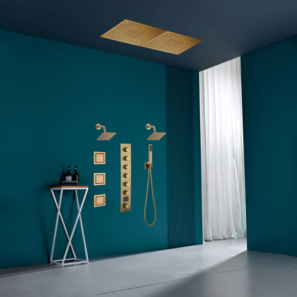 40 inch  x 20 inch rainfall shower head 64 led light 6 way digital display shower faucet with dual regular heads and body jets