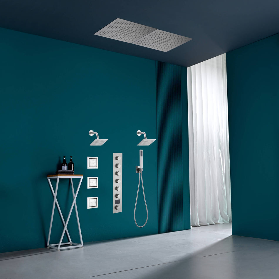 40 inch  x 20 inch rainfall shower head 64 led light 6 way digital display shower faucet with dual regular heads and body jets