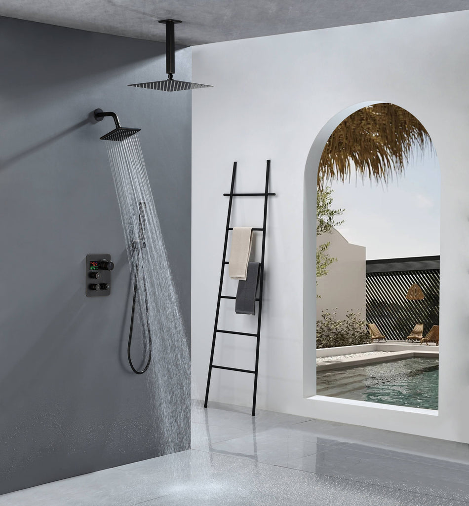 Oil Rubbed Bronze 3-Way Thermostatic Shower Faucet System with Ceiling-Mounted 12-Inch or 16-Inch Non-LED Rainfall Shower Head and Wall-Mounted 6-Inch High Water Pressure Regular Shower Head