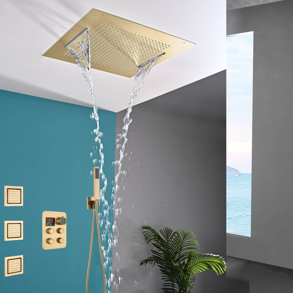 20 inch flush mount rainfall waterfall shower head with 4 way digital display valve and 4 inch body jets
