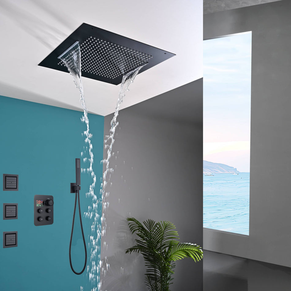 20 inch flush mount rainfall waterfall shower head with 4 way digital display valve and 4 inch body jets