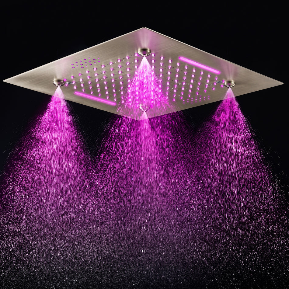 Brushed Gold or Matte Black Or Brushed Nickel 20-Inch Rainfall Waterfall Mist Shower Head: Bluetooth Music and 64 LED Lights for an Immersive Shower Experience, Flush Mounted