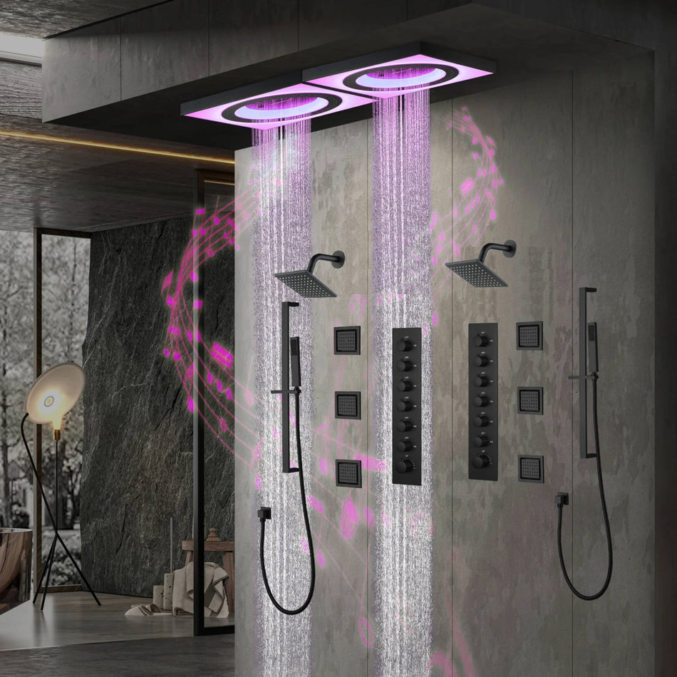 48" x 24" Flush Mount Rainfall Waterfall Shower System with LED, 6-Way Thermostatic Faucet, Dual Regular Heads