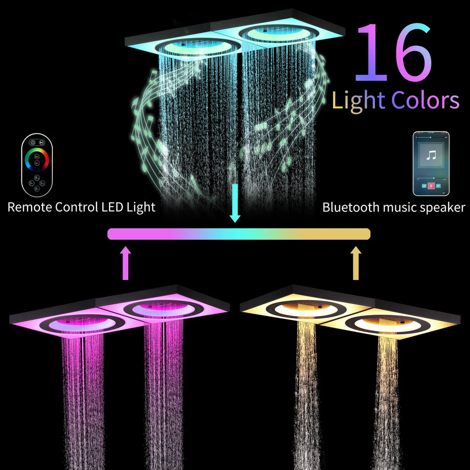 48" x 24" Flush Mount Rainfall Waterfall Shower System with LED, 6-Way touch Thermostatic Faucet, Dual Regular Heads