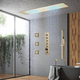 Brushed Gold 35-Inch LED Rainfall, Waterfall and Water Column Shower System with Bluetooth Music, 5-Way Thermostatic Valve, 3 Body Jets, Touch Panel, and Sliding Bar