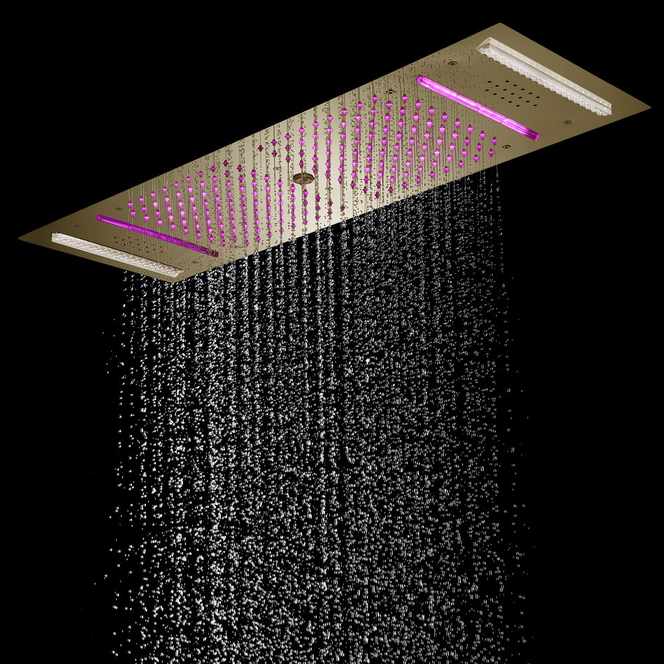 Brushed Nickel or brushed gold or matte black 36-Inch Rainfall Waterfall Water Column 4 functions Shower Head with Bluetooth Music and 64 LED Lights