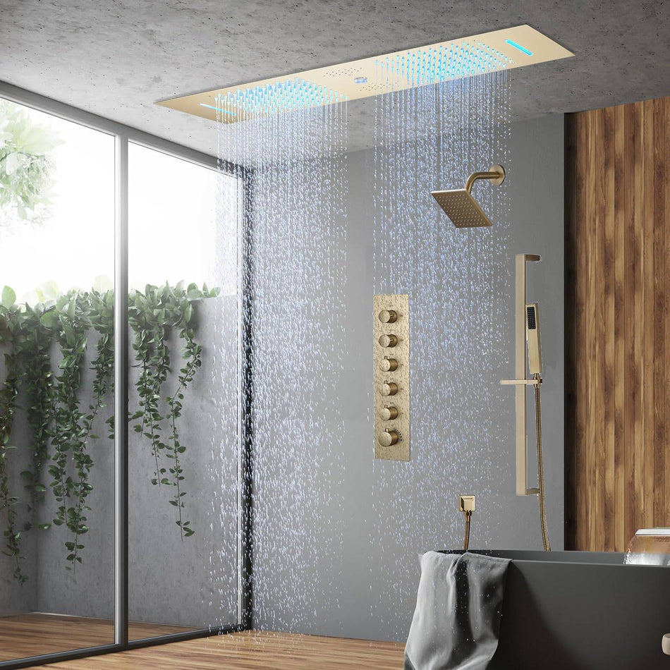 Brushed Gold or Brushed Nickel or Matte Black 35" Bluetooth Music LED Shower System with Waterfall, 5-Way Digital Thermostatic Valve, Regular Head, Touch Panel