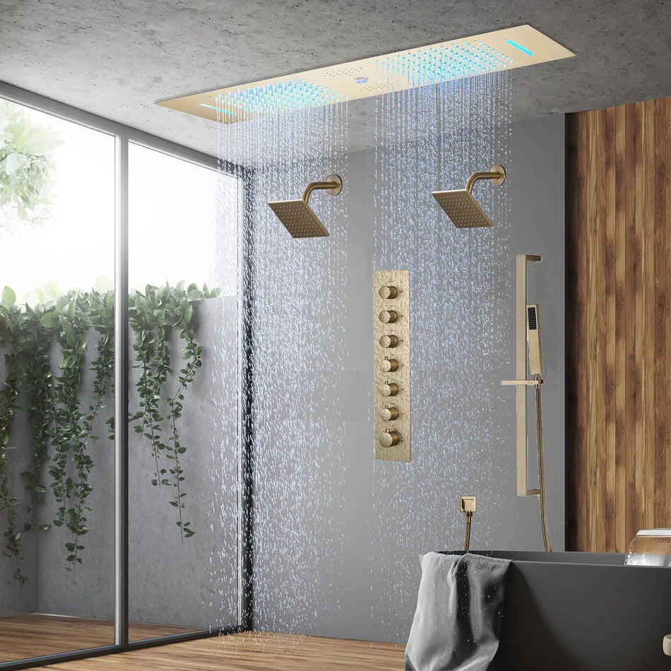 Brushed Gold or Brushed Nickel 35" Bluetooth Music LED Shower System with Waterfall, 6-Way Digital Thermostatic Valve, Dual Regular Head, Touch Panel