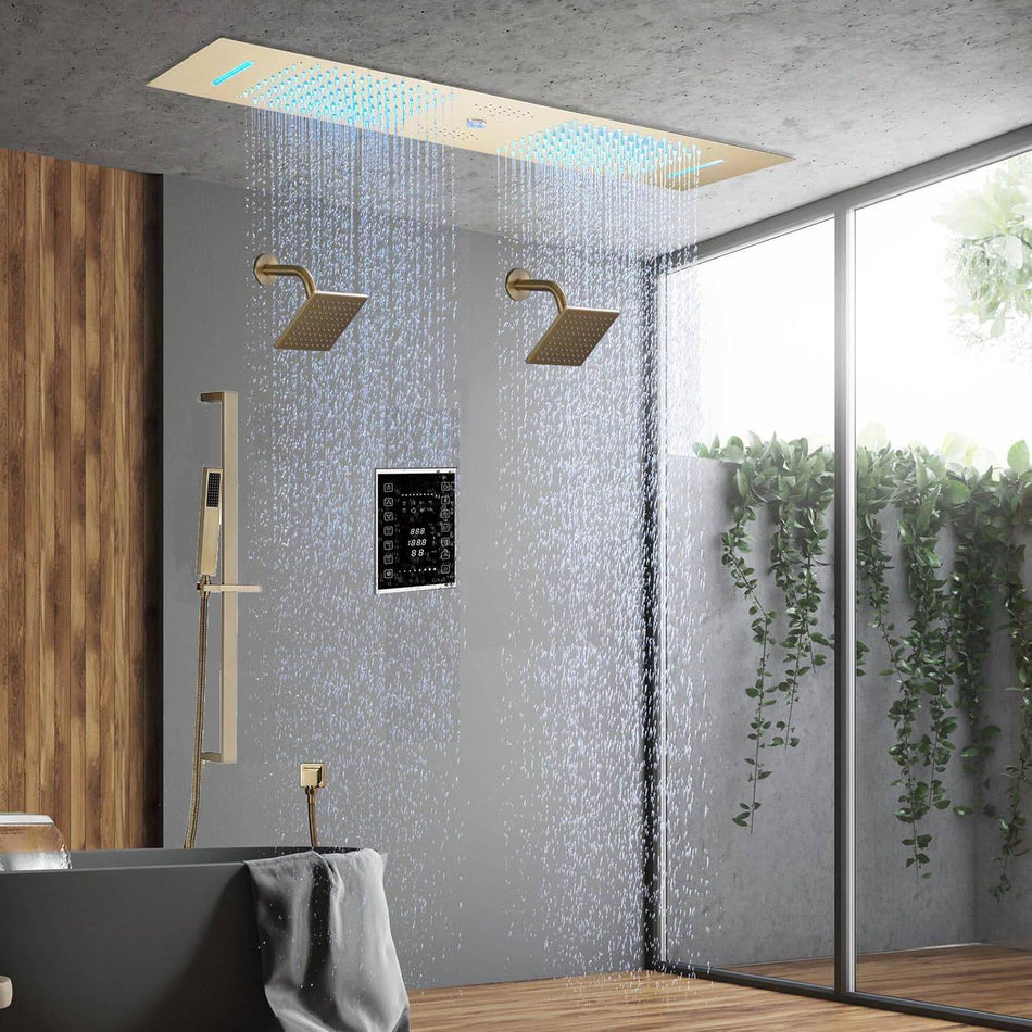 Brushed Gold or matte black or brushed nickel or chrome 35" Bluetooth Music LED Shower System with Waterfall, 6-Way Touch Digital Thermostatic Valve, Dual Regular Head, Touch Panel