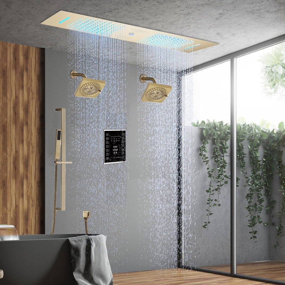 Brushed Gold or matte black or brushed nickel or chrome 35" Bluetooth Music LED Shower System with Waterfall, 6-Way Touch Digital Thermostatic Valve, Dual Regular Head, Touch Panel