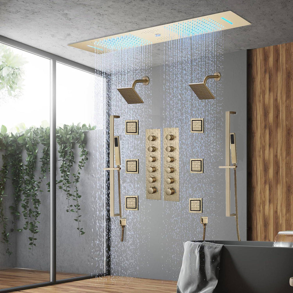 Brushed Gold 35" Bluetooth Music LED Shower System with Waterfall, 5-Way Digital Thermostatic Valve, 3 Body Jets, Touch Panel