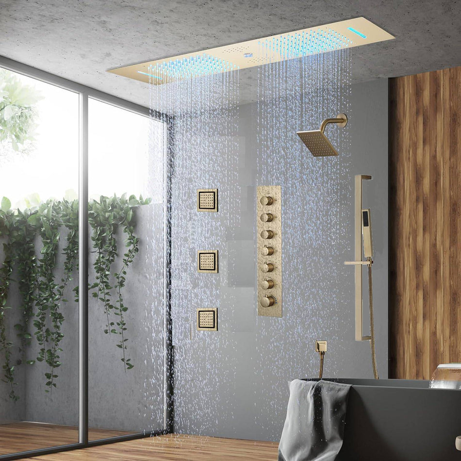 Brushed Gold 35" Bluetooth Music LED Shower System with Waterfall, 6-Way Digital Thermostatic Valve, 3 Body Jets, Touch Panel