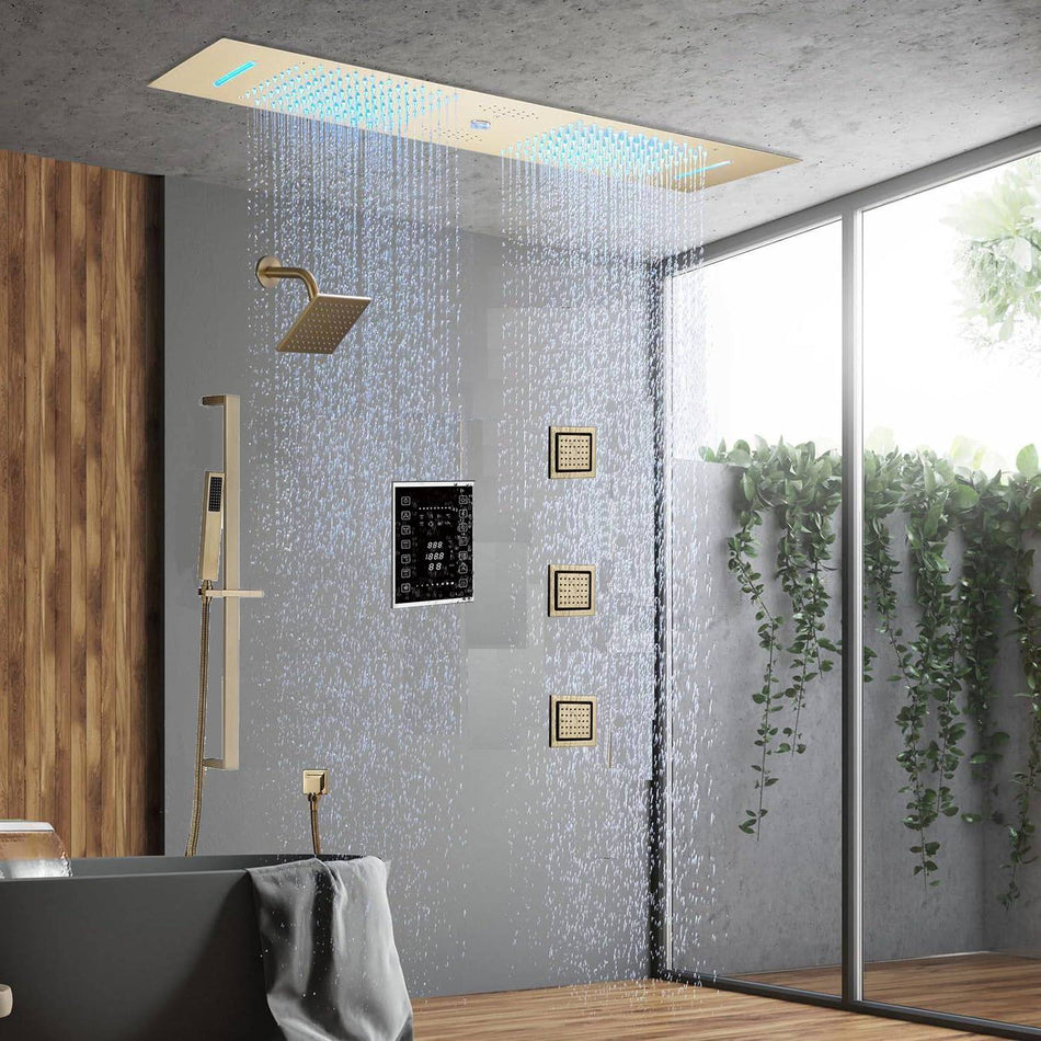 Brushed Gold 35" Bluetooth Music LED Shower System with Waterfall, 6-Way Touch Digital Thermostatic Valve, 3 Body Jets, Touch Panel
