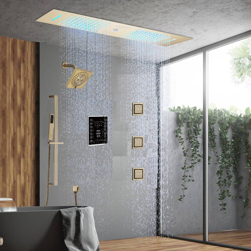 Brushed Gold 35" Bluetooth Music LED Shower System with Waterfall, 6-Way Touch Digital Thermostatic Valve, 3 Body Jets, Touch Panel