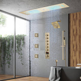 Brushed Gold 35" Bluetooth Music LED Shower System with Waterfall, 6-Way Digital Thermostatic Valve, 3 Body Jets, Touch Panel