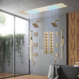 Brushed Gold 35" Bluetooth Music LED Shower System with Waterfall, 6-Way Digital Thermostatic Valve, 6 Body Jets, Regular Heads