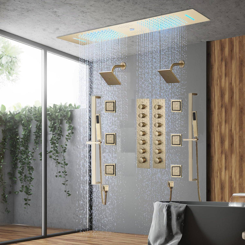 Brushed Gold 35" Bluetooth Music LED Shower System with Waterfall, 6-Way Digital Thermostatic Valve, 6 Body Jets, Regular Heads