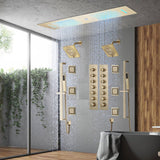 Brushed Gold 35" Bluetooth Music LED Shower System with Waterfall, 6-Way Digital Thermostatic Valve, 6 Body Jets, Regular Heads