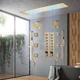 Brushed Gold 35" Bluetooth Music LED Shower System with Waterfall, 6-Way Digital Thermostatic Valve, 6 Body Jets, Regular Heads