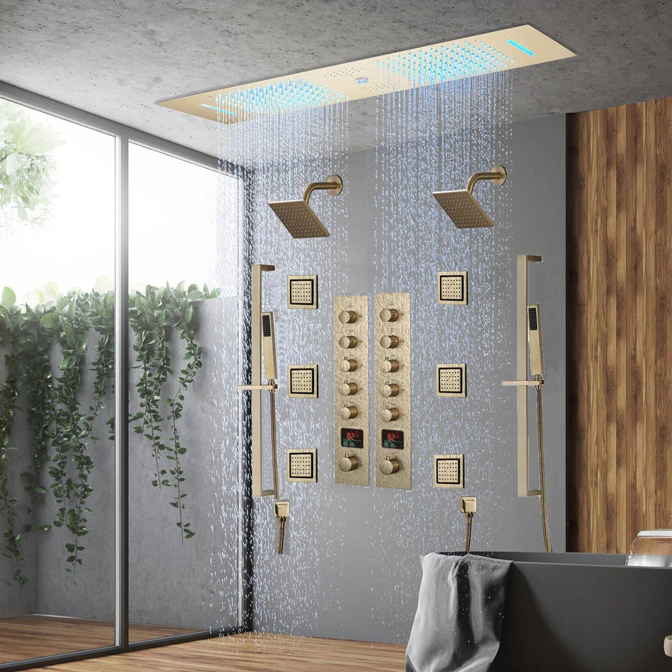 Brushed Gold 35" Bluetooth Music LED Shower System with Waterfall, 5-Way Digital Thermostatic Valve, 3 Body Jets, Touch Panel