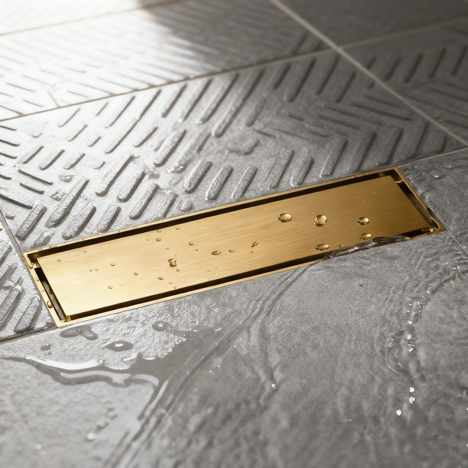 12-Inch Brushed Nickel or Brushed Gold or Matte Black Rectangular Floor Drain - Solid Pattern Cover Grate - Removable - Includes Accessories