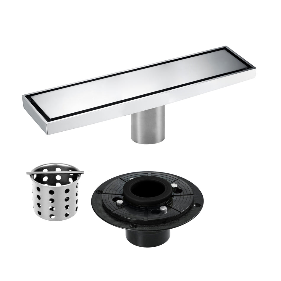 12-Inch Brushed Nickel or Brushed Gold or Matte Black Rectangular Floor Drain - Solid Pattern Cover Grate - Removable - Includes Accessories