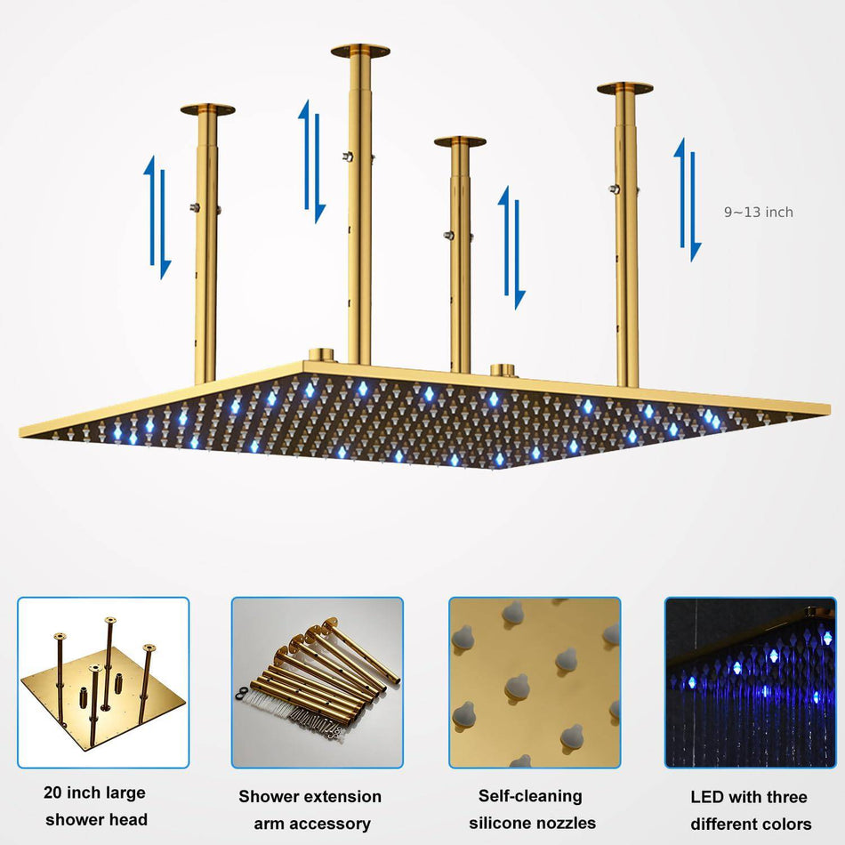 Brushed Gold 20-Inch Ceiling Mounted Rainfall Shower Head: 3 LED Colors and Classic Elegance
