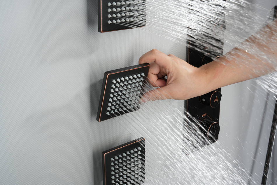 Oil Rubbed Bronze Ceiling Mount Rainfall Shower Head with 4-Way Thermostatic System, Body Jets, and High Water Pressure Wall Mount Shower Head