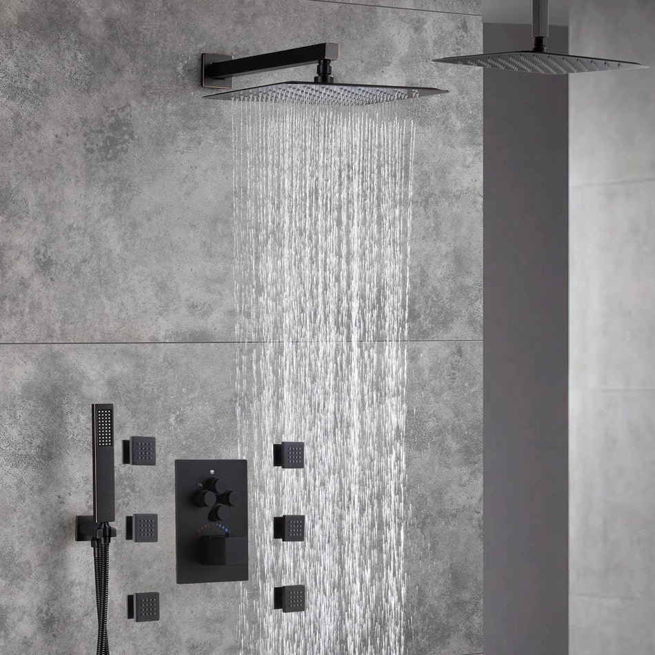 12-Inch Or 16 inch Non-LED Oil Rubbed Bronze (ORB) Ceiling-Mounted 4-Way Thermostatic Valve with Wall-Mounted 12-Inch Rain Head, Body Jets, and Dual Functionality