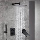 12-Inch Wall Mounted Oil Rubbed Bronze 3-Way Thermostatic Shower Faucet System:LED or Non-LED Options, Simultaneous and Independent Functions with Waterfall Tub Spout