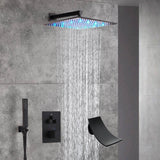 12-Inch Wall Mounted Oil Rubbed Bronze 3-Way Thermostatic Shower Faucet System:LED or Non-LED Options, Simultaneous and Independent Functions with Waterfall Tub Spout