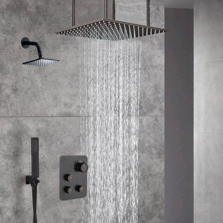 20-Inch Oil Rubbed Bronze Ceiling-Mounted Rainfall Shower Faucet with 3-Way Thermostat - Includes 6'' Regular Head and Handle Wand
