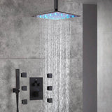 12'' or 16'' Ceiling-Mounted Oil Rubbed Bronze Shower Faucet System with 3-Way Thermostat - LED or Non-LED Options, Includes 6 Body Jets