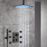 12'' or 16'' Ceiling-Mounted Oil Rubbed Bronze Shower Faucet System with 3-Way Thermostat - LED or Non-LED Options, Includes 6 Body Jets
