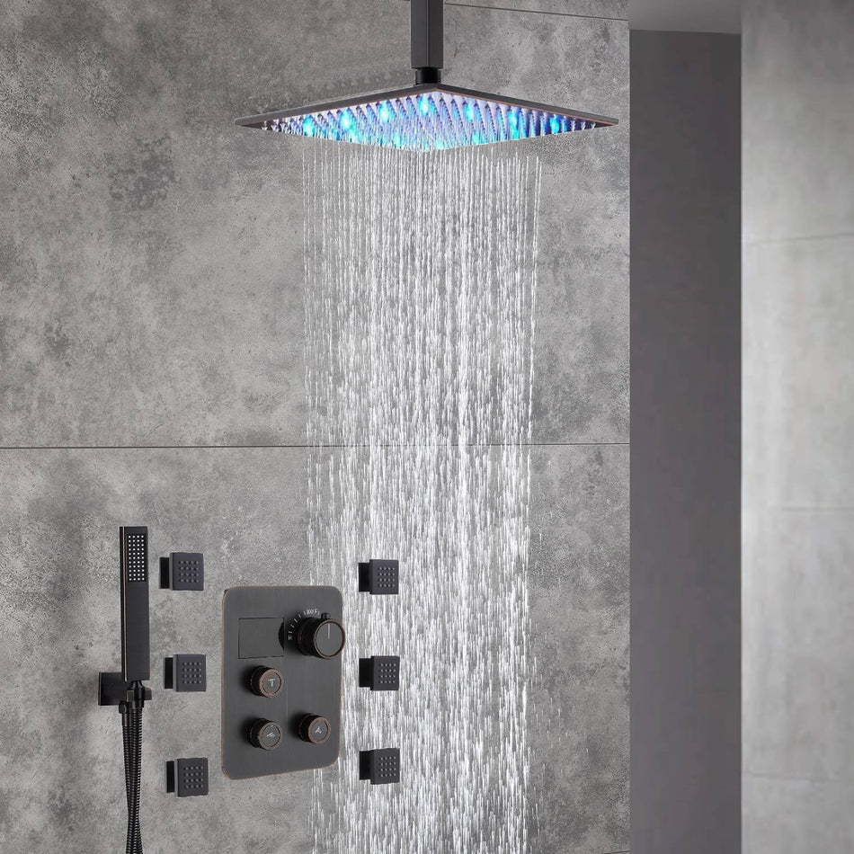 12'' or 16'' Ceiling-Mounted Oil Rubbed Bronze Shower Faucet System with 3-Way Thermostat - LED or Non-LED Options, Includes 6 Body Jets