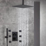 12'' or 16'' Ceiling-Mounted Oil Rubbed Bronze Shower Faucet System with 3-Way Thermostat - LED or Non-LED Options, Includes 6 Body Jets