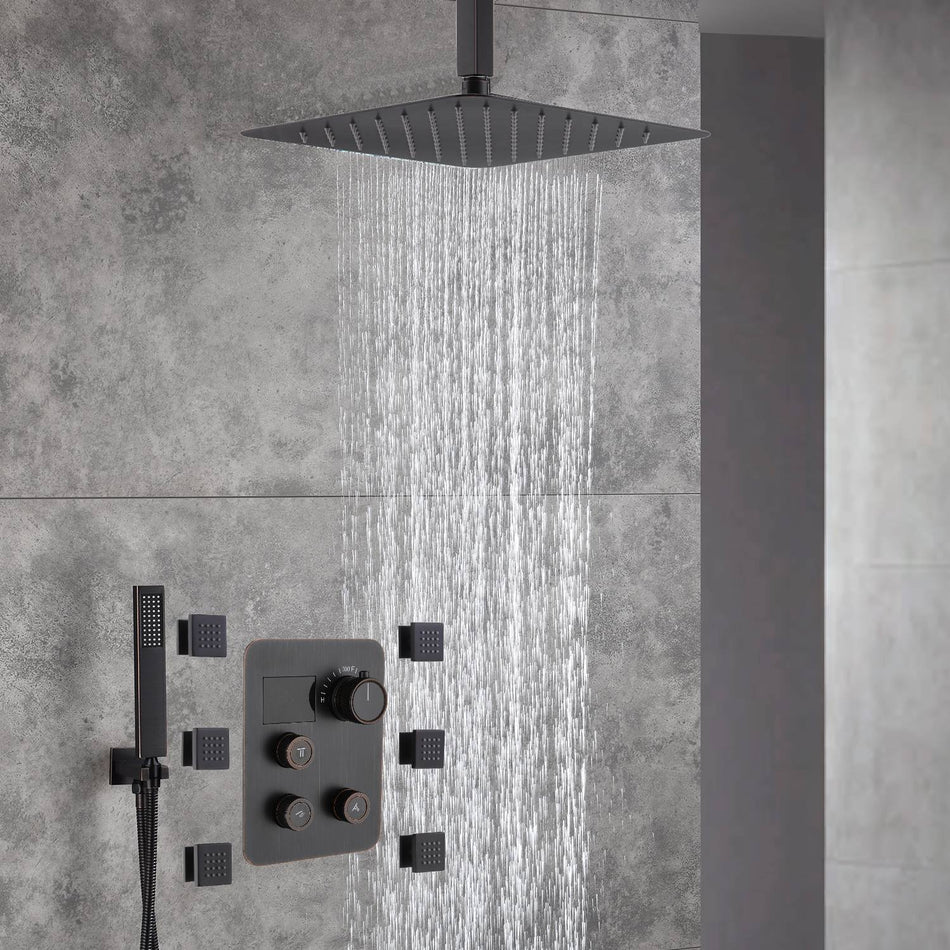 12'' or 16'' Ceiling-Mounted Oil Rubbed Bronze Shower Faucet System with 3-Way Thermostat - LED or Non-LED Options, Includes 6 Body Jets