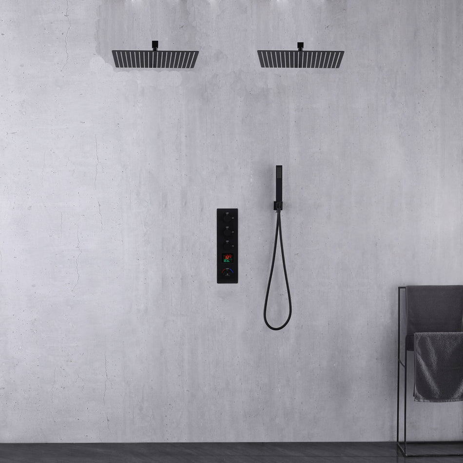 Wall mount 12 inch or 16 inch matte black rainfall shower system 3 way thermostatic Shower faucet