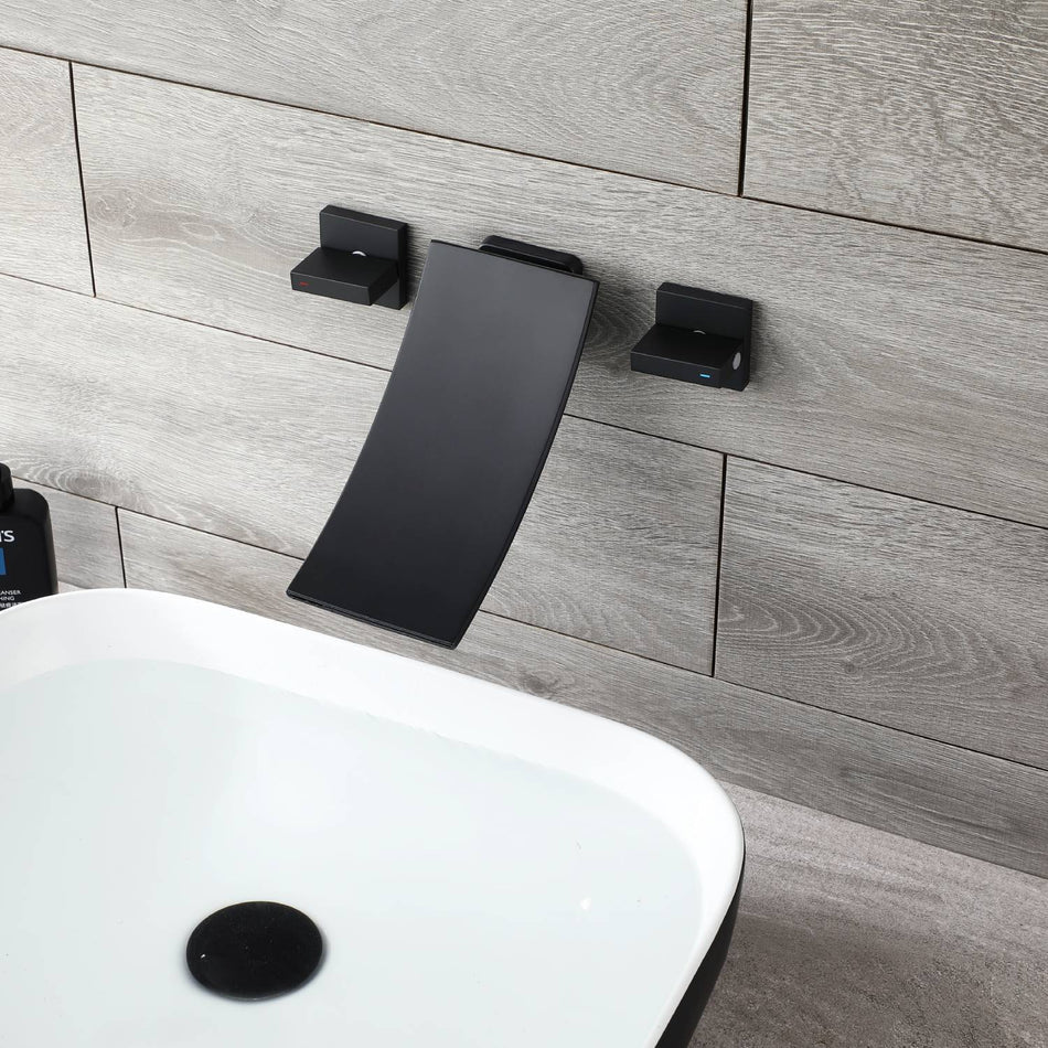 Matte Black Wall Mount Waterfall Bathroom Sink Faucet with Overflow Brass Pop-Up Drain