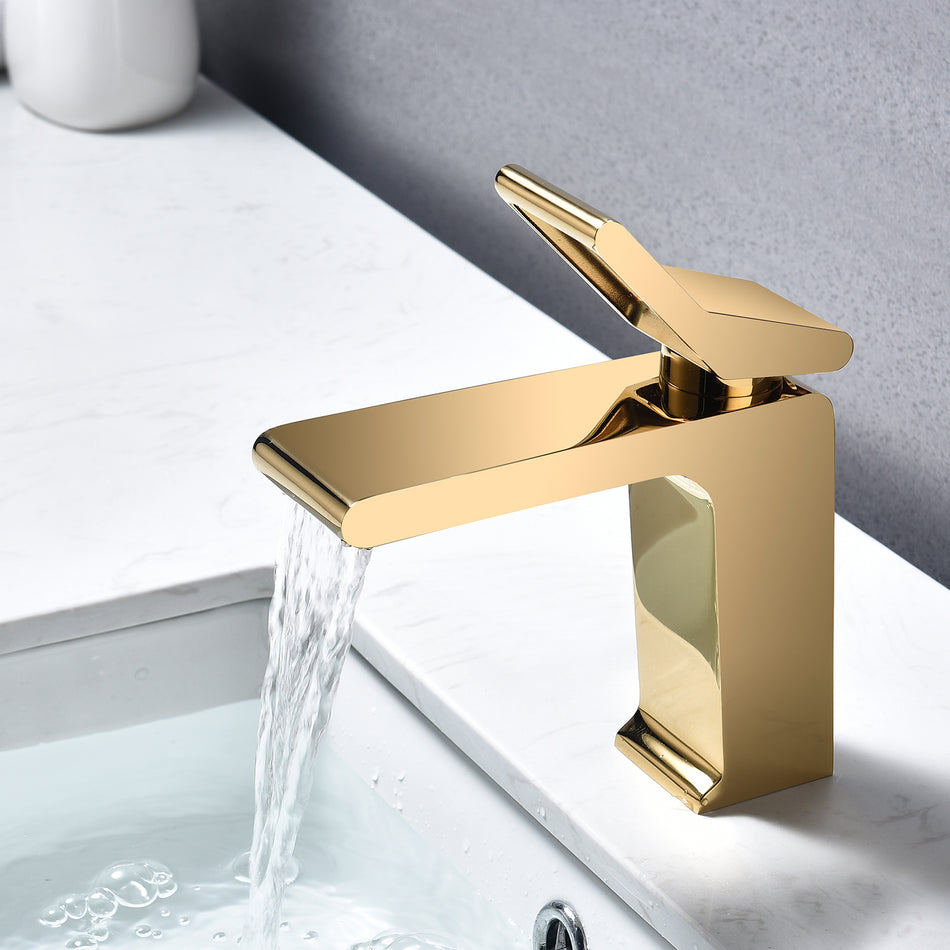 Polished gold single handle brass bathroom faucet with pop up drain