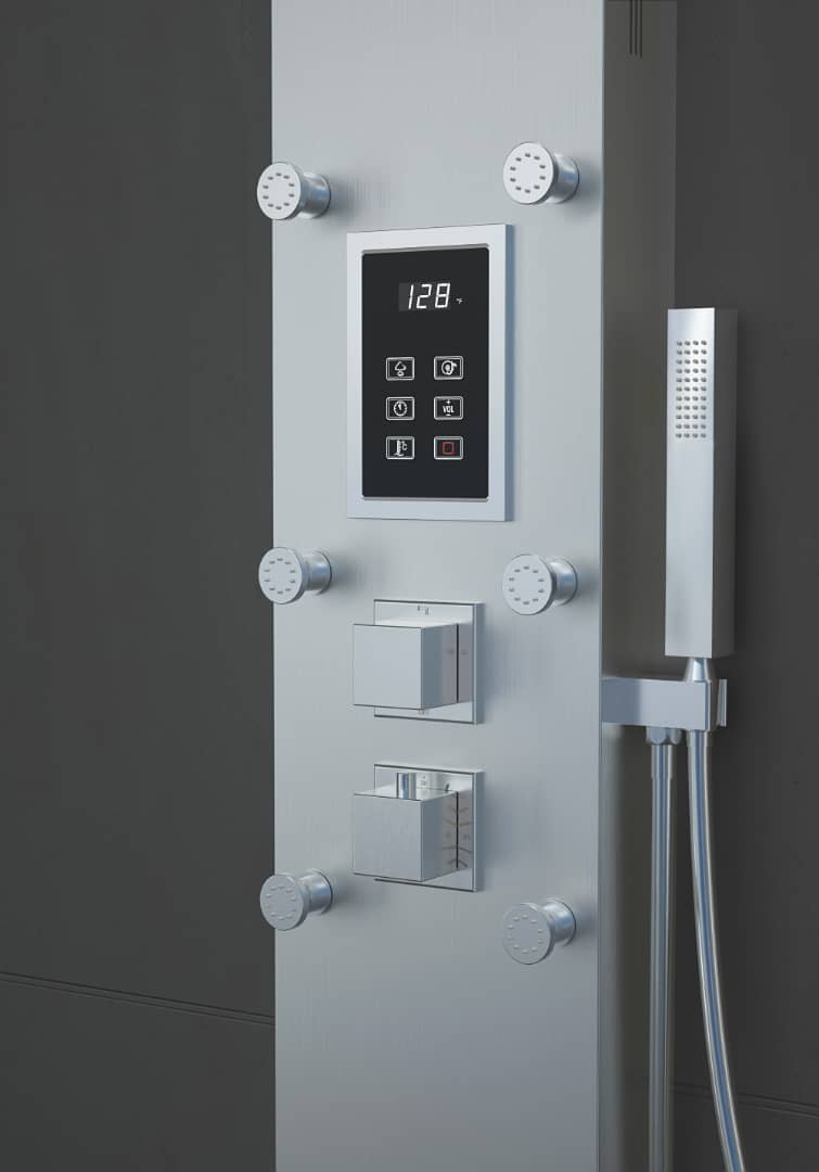Steam Shower Panel Bluetooth Music, Brushed Nicke or Brushed Gold Shower Panel with Fahrenheit Display, Rainfall, Body Jets, and 6 KW Steam Generator